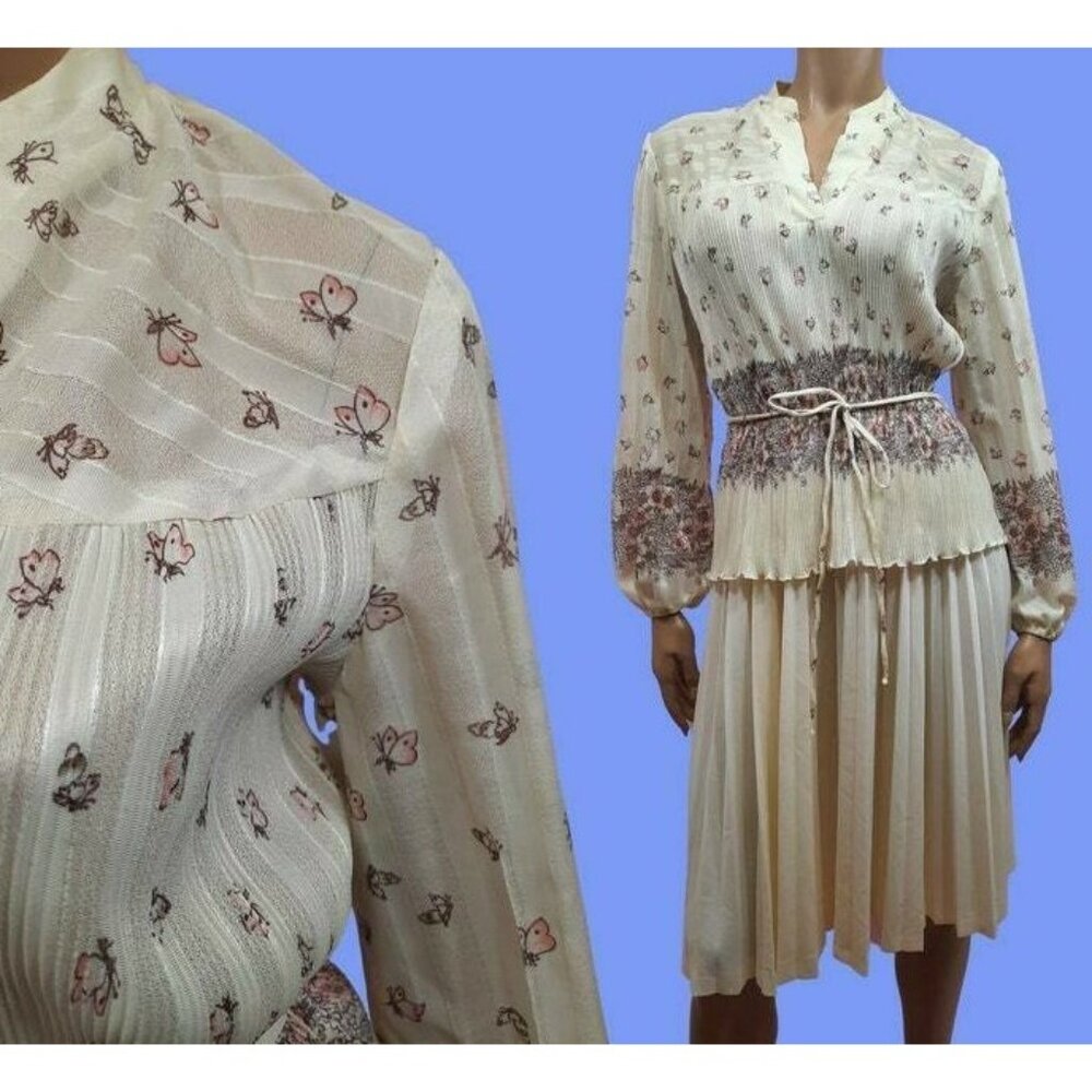 Vintage 70s Pleated Floral Butterfly Dress Cream Semi Sheer Long sleeve size M